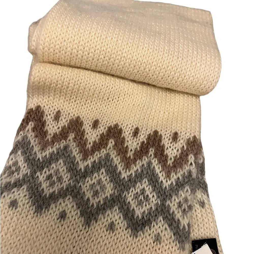 NWT! HANSON 100% Icelandic wool cream gray & brown thick knit scarf w/ fringe